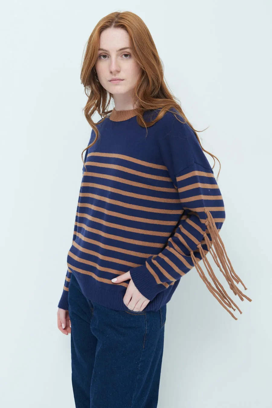 Striped fringe sleeve sweater wholesale