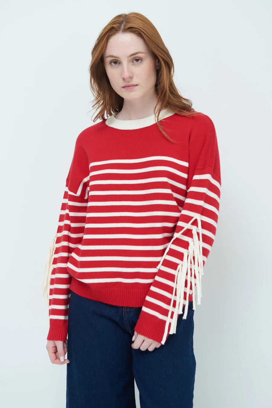 Striped fringe sleeve sweater wholesale