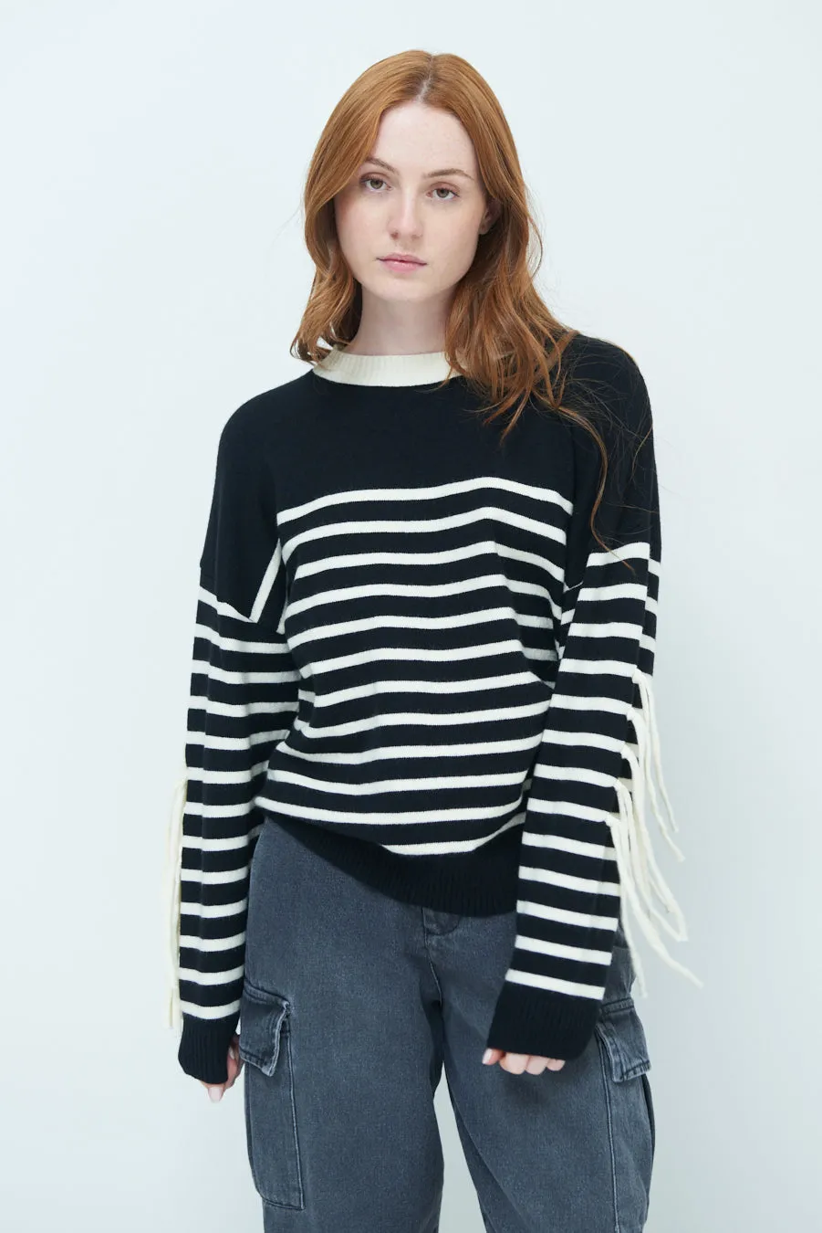 Striped fringe sleeve sweater wholesale