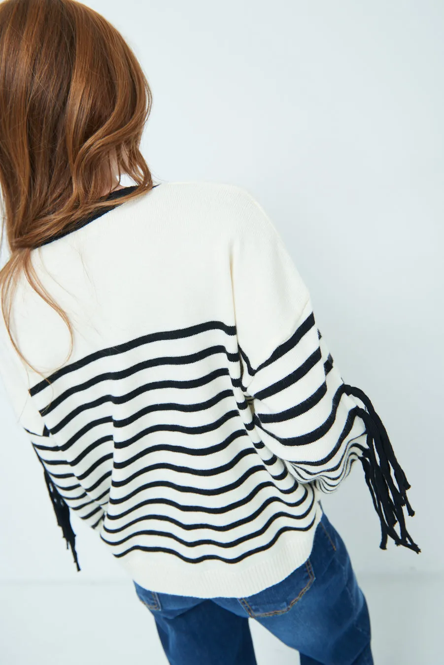Striped fringe sleeve sweater wholesale