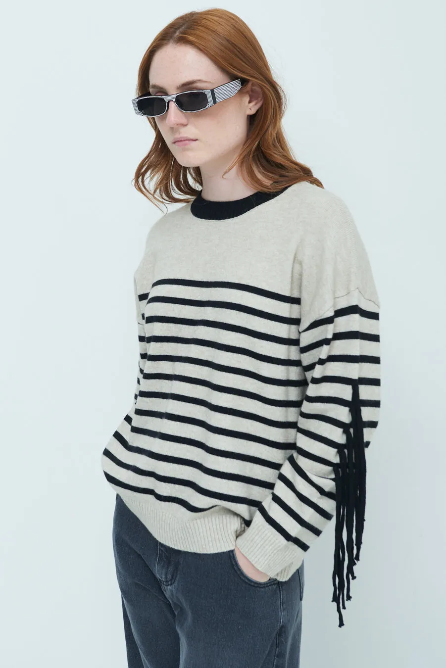 Striped fringe sleeve sweater wholesale