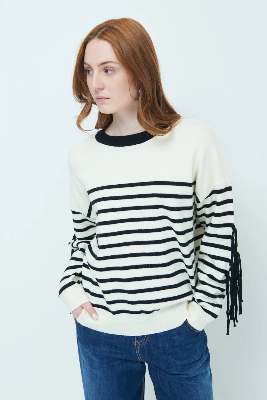 Striped fringe sleeve sweater wholesale