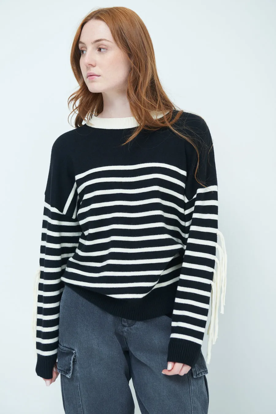 Striped fringe sleeve sweater wholesale