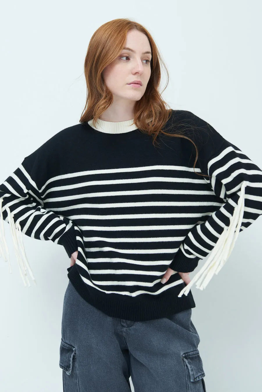 Striped fringe sleeve sweater wholesale