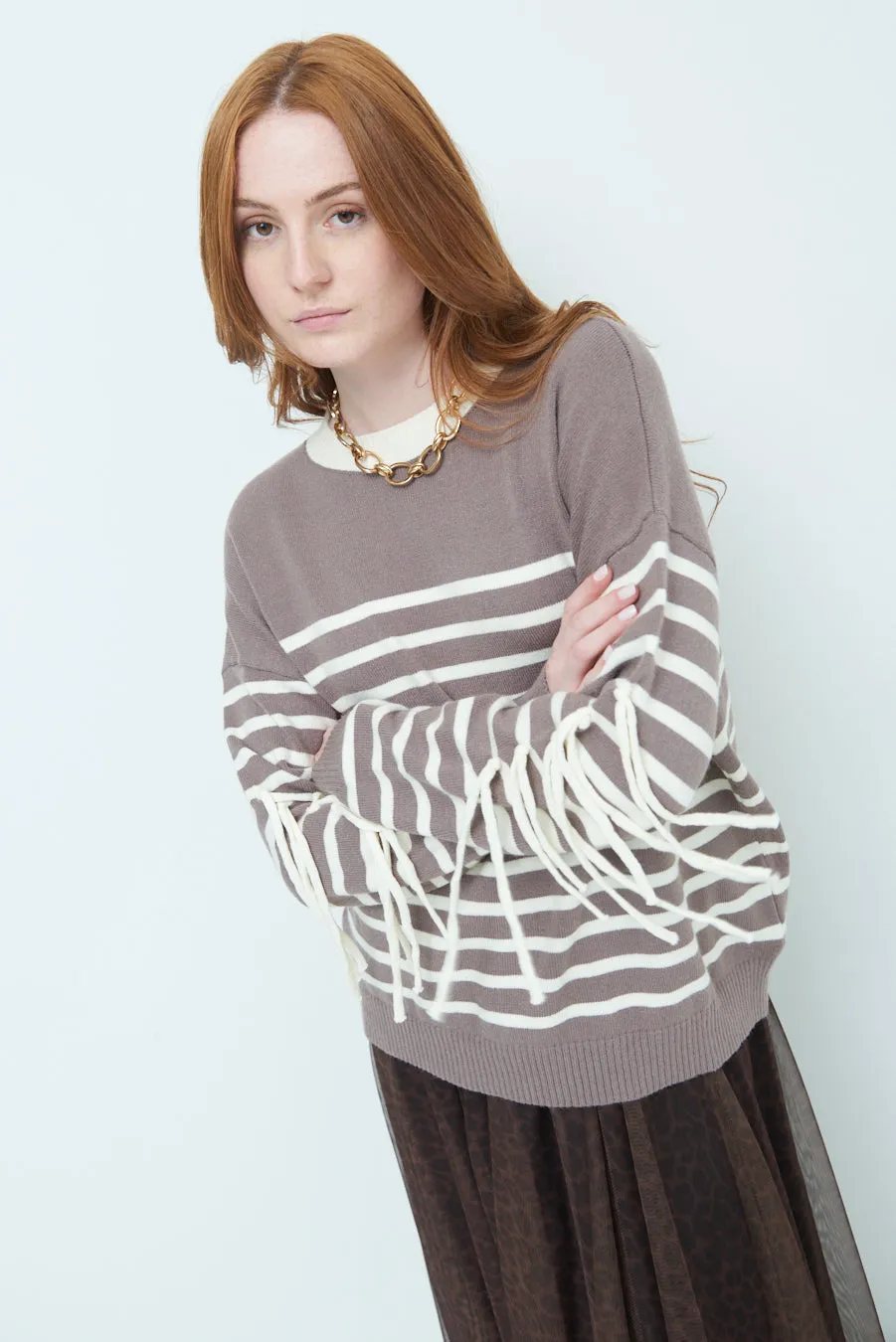 Striped fringe sleeve sweater wholesale