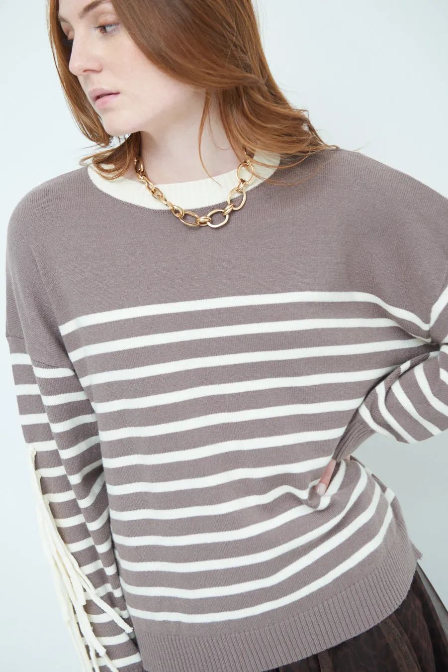 Striped fringe sleeve sweater wholesale