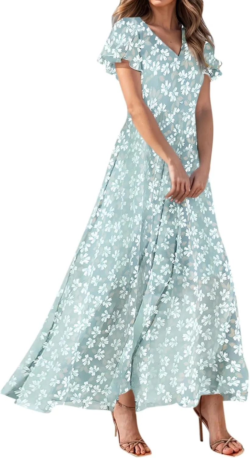 Summer Dresses for Women 2025 Spring Floral Wedding Guest Maxi Dress Ruffle Seleeve High Waist Empire Dresses