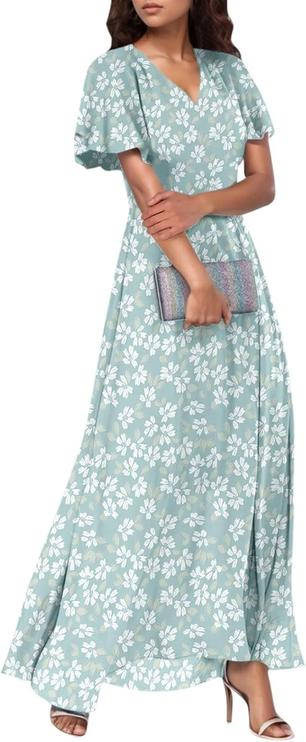 Summer Dresses for Women 2025 Spring Floral Wedding Guest Maxi Dress Ruffle Seleeve High Waist Empire Dresses