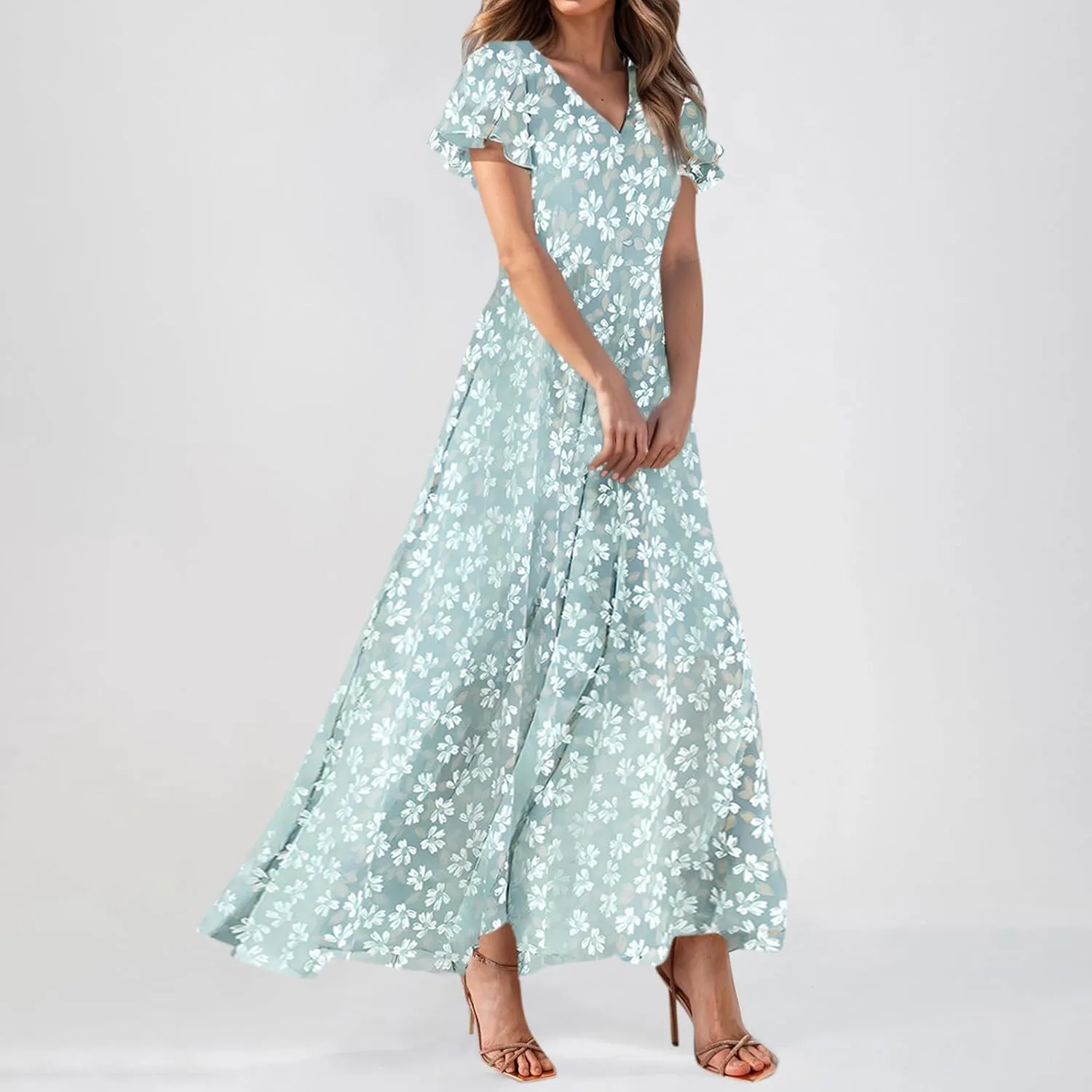 Summer Dresses for Women 2025 Spring Floral Wedding Guest Maxi Dress Ruffle Seleeve High Waist Empire Dresses