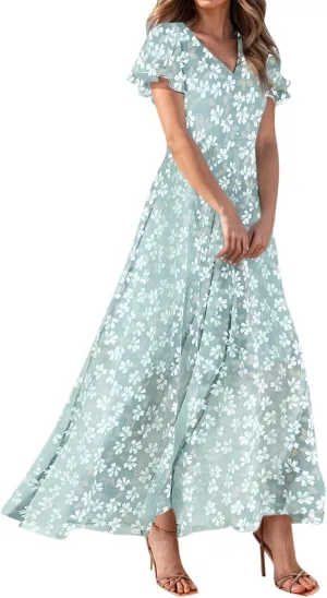 Summer Dresses for Women 2025 Spring Floral Wedding Guest Maxi Dress Ruffle Seleeve High Waist Empire Dresses