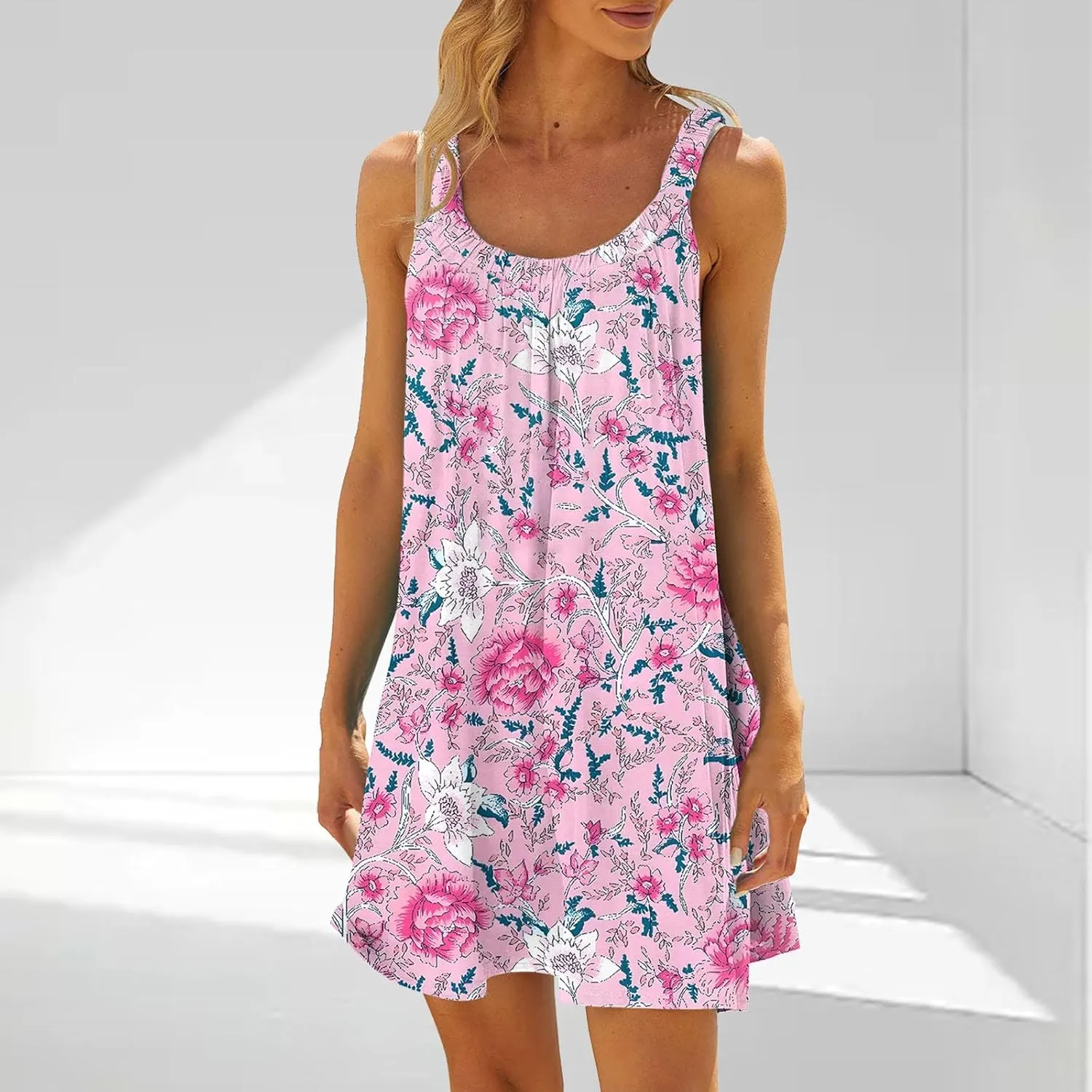 Summer Dresses for Women Casual Crewneck Ruched Sleeveless Sundress Boho Floral Beach Vacation Retro Mini Dress