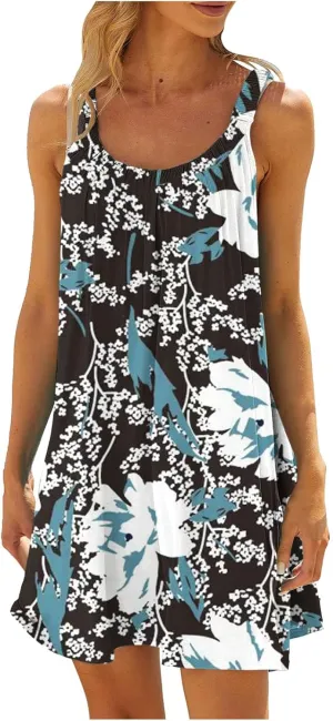 Summer Dresses for Women Casual Crewneck Ruched Sleeveless Sundress Boho Floral Beach Vacation Retro Mini Dress