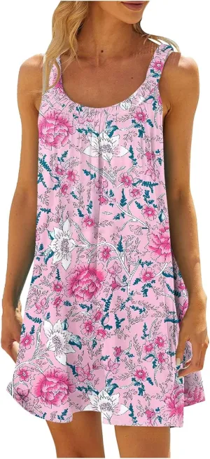Summer Dresses for Women Casual Crewneck Ruched Sleeveless Sundress Boho Floral Beach Vacation Retro Mini Dress