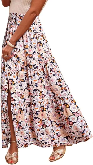 Summer Floral Print Midi Skirt for Women Tiered Long Skirt Elastic High Waist Pleated Skirts Casual Side Split Trendy Skirts