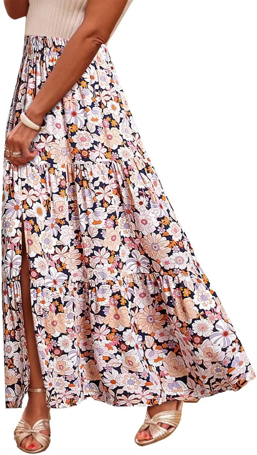 Summer Floral Print Midi Skirt for Women Tiered Long Skirt Elastic High Waist Pleated Skirts Casual Side Split Trendy Skirts