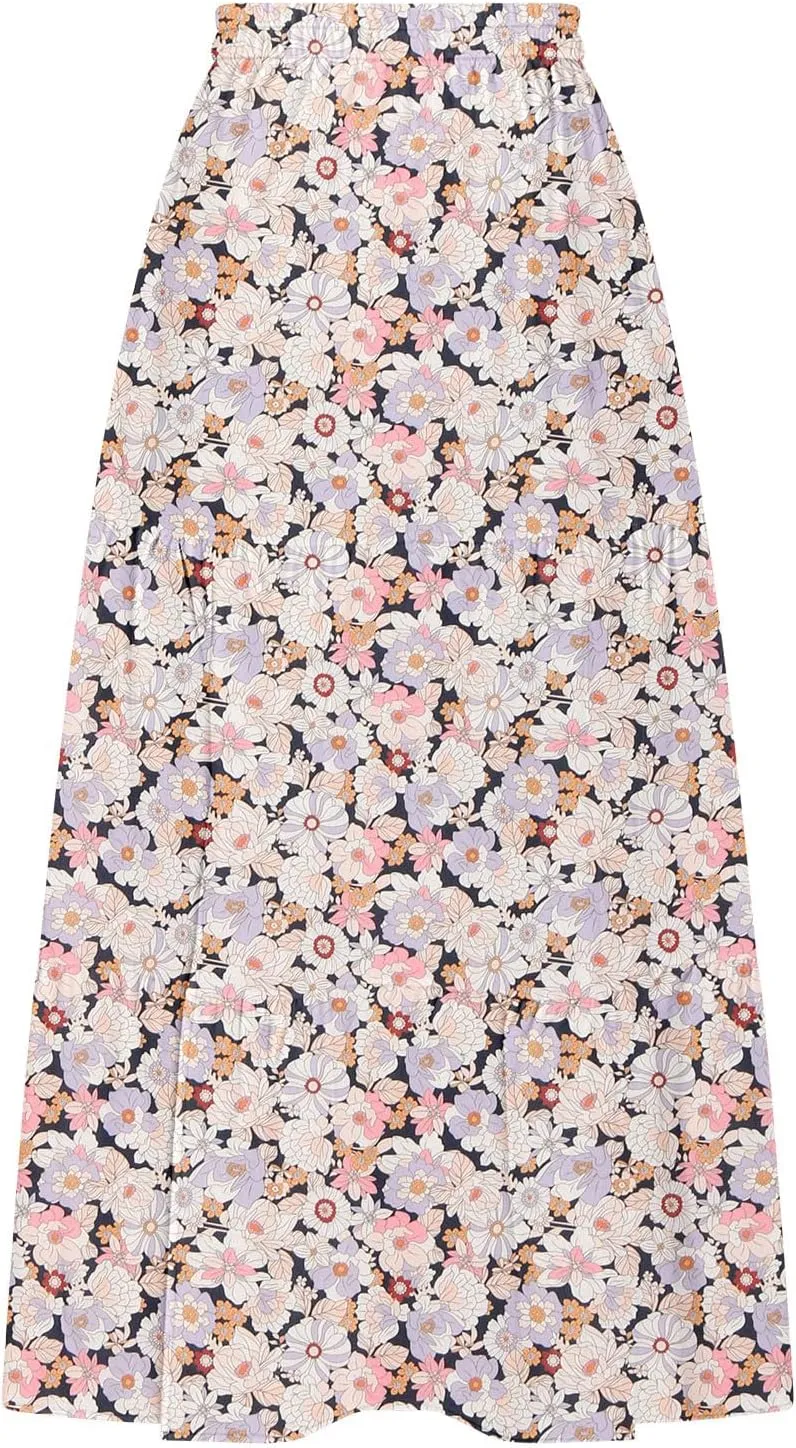 Summer Floral Print Midi Skirt for Women Tiered Long Skirt Elastic High Waist Pleated Skirts Casual Side Split Trendy Skirts