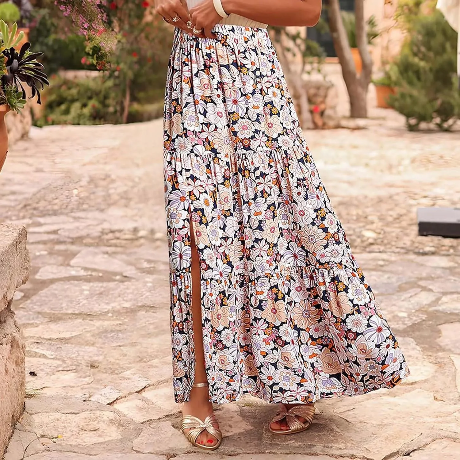 Summer Floral Print Midi Skirt for Women Tiered Long Skirt Elastic High Waist Pleated Skirts Casual Side Split Trendy Skirts