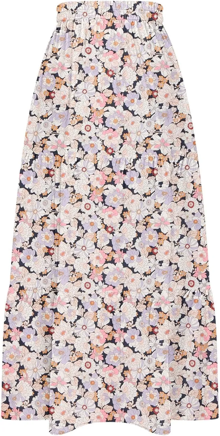 Summer Floral Print Midi Skirt for Women Tiered Long Skirt Elastic High Waist Pleated Skirts Casual Side Split Trendy Skirts