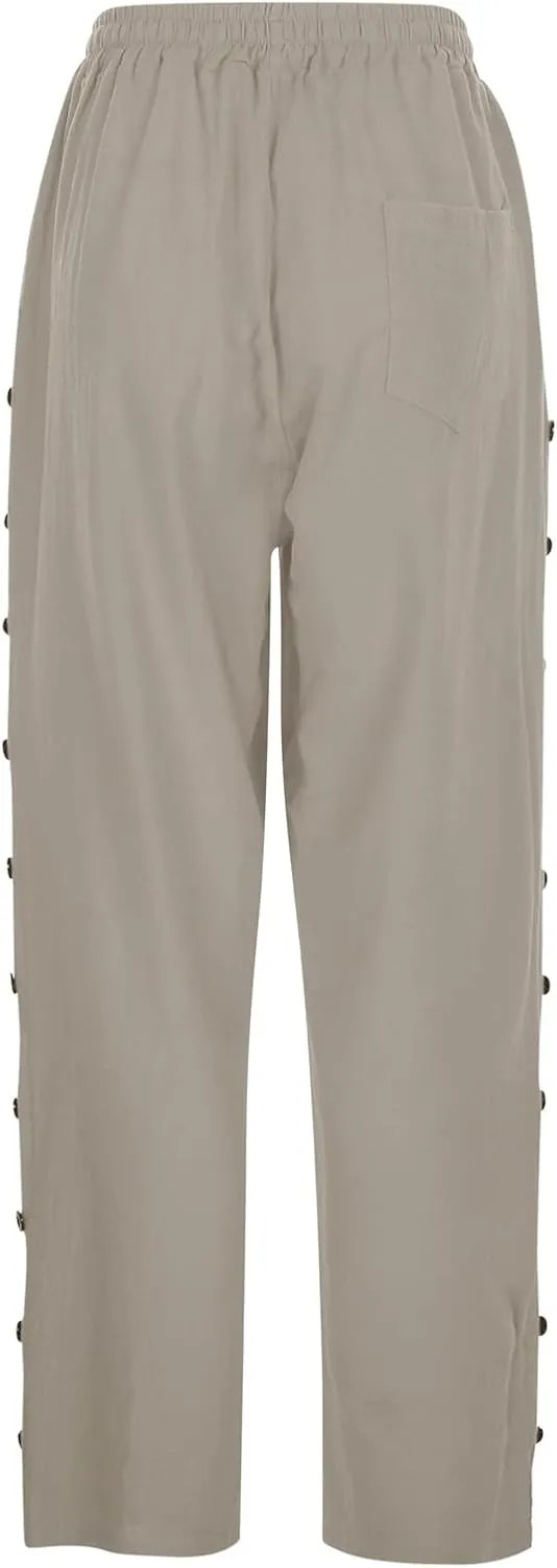Summer Pants for Women 2025 Trendy Summer Vacation Side Button Elastic Waist Straight Leg Casual Cropped Trousers