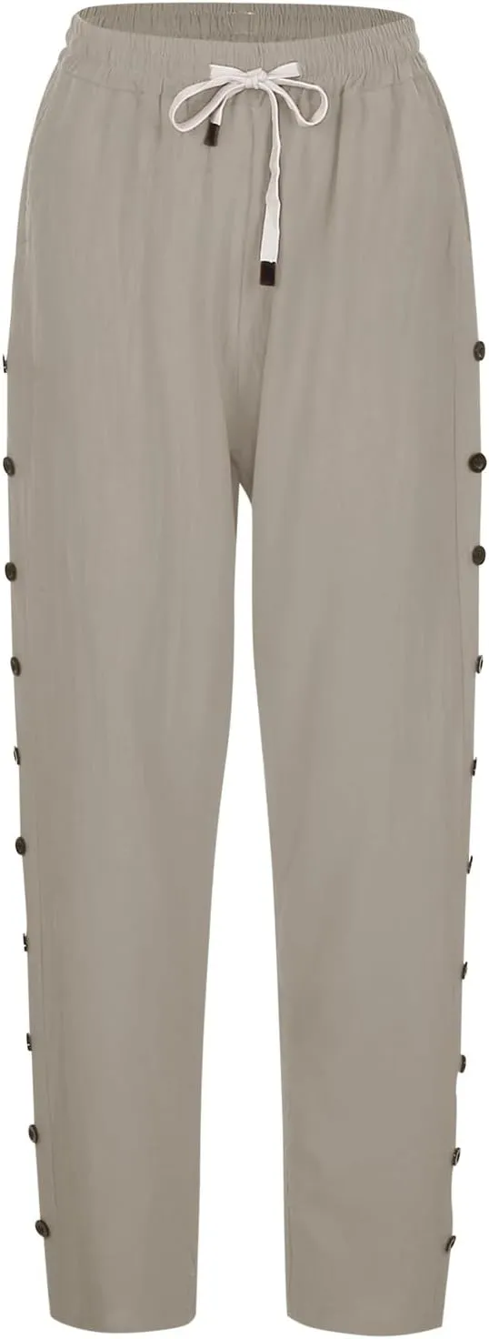 Summer Pants for Women 2025 Trendy Summer Vacation Side Button Elastic Waist Straight Leg Casual Cropped Trousers