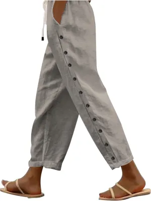 Summer Pants for Women 2025 Trendy Summer Vacation Side Button Elastic Waist Straight Leg Casual Cropped Trousers