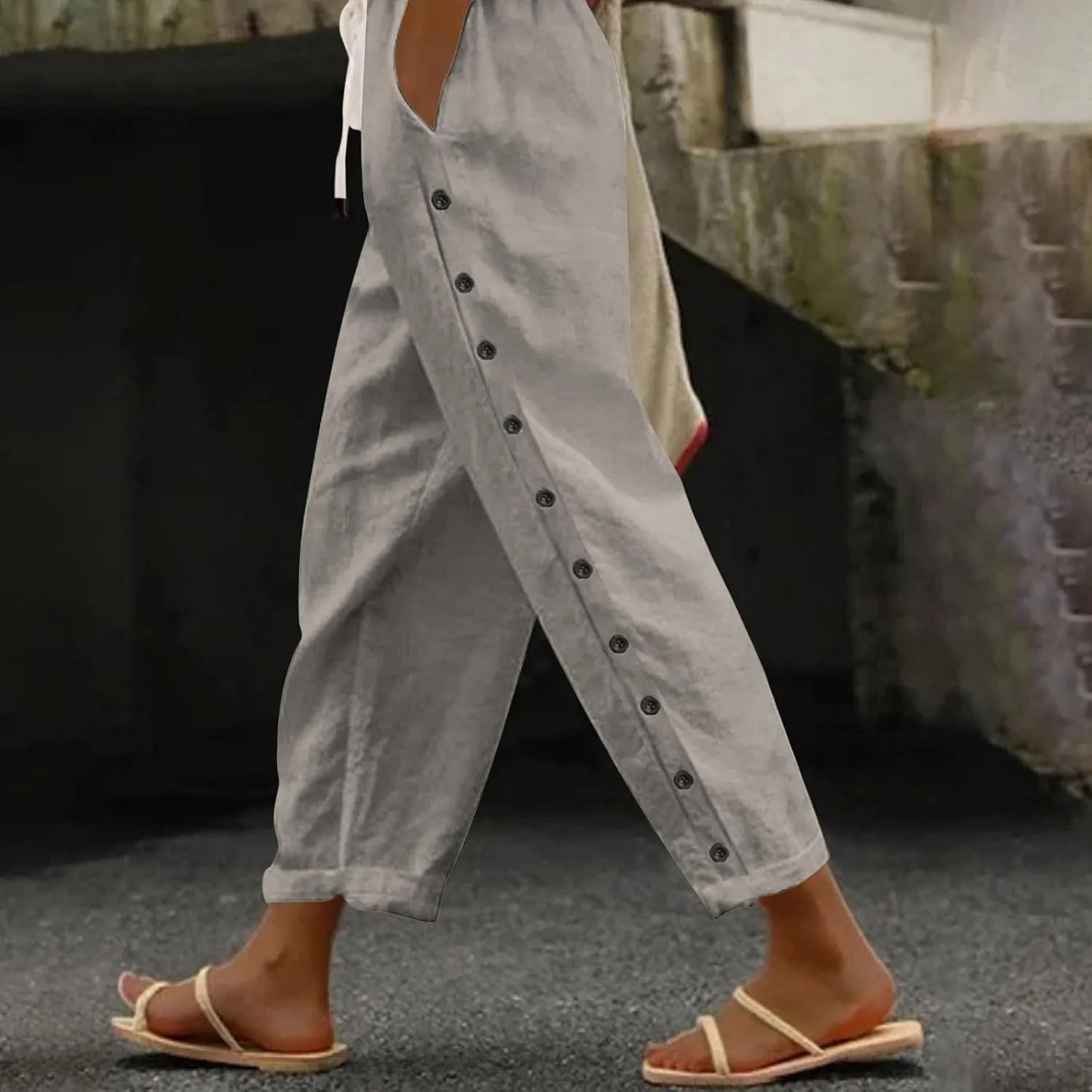 Summer Pants for Women 2025 Trendy Summer Vacation Side Button Elastic Waist Straight Leg Casual Cropped Trousers