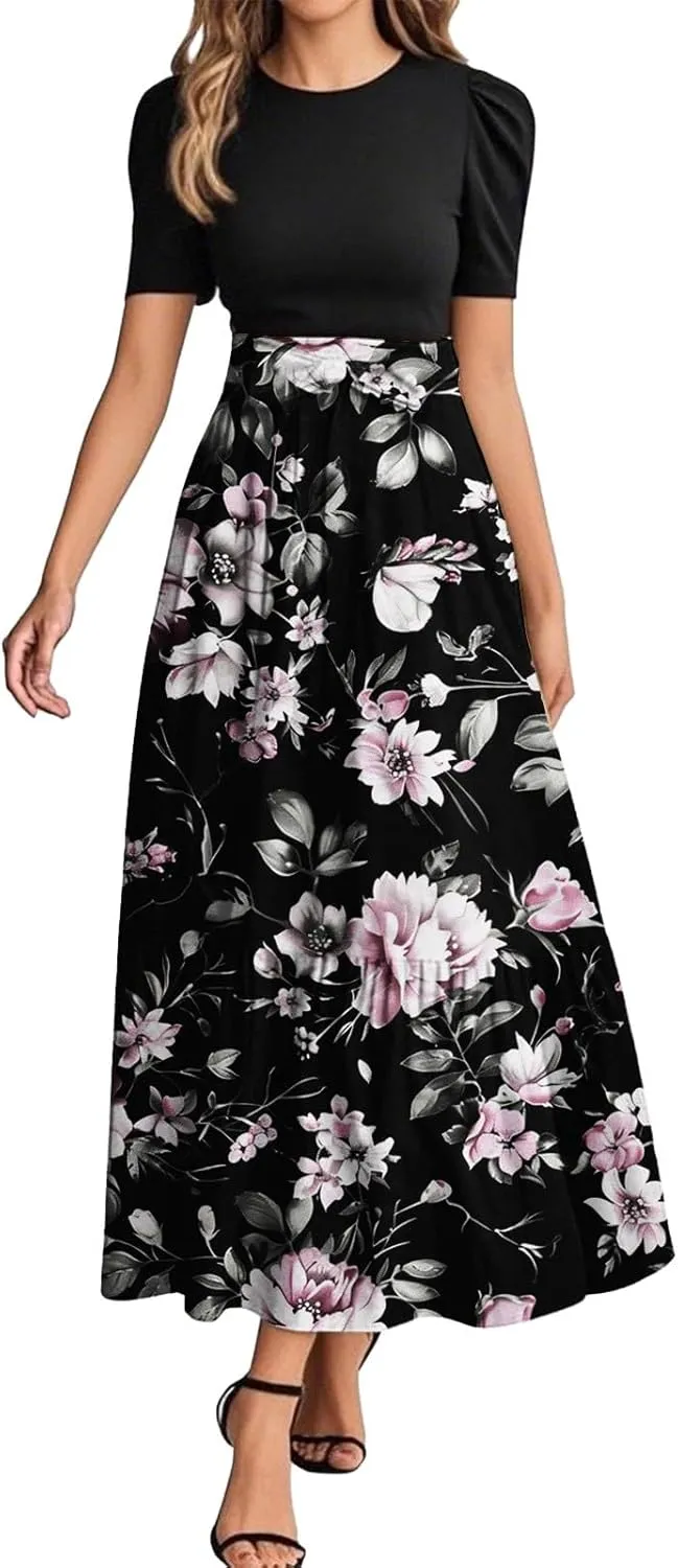 Summer Short Sleeve A-line Round Neck Beach Sundress for Women 2025 Business Boho Floral Printed Dress