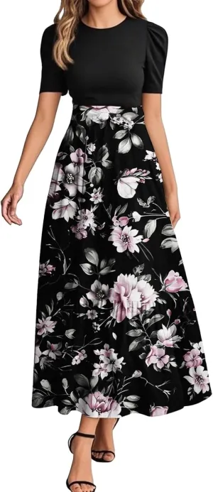 Summer Short Sleeve A-line Round Neck Beach Sundress for Women 2025 Business Boho Floral Printed Dress