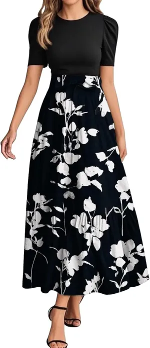 Summer Short Sleeve A-line Round Neck Beach Sundress for Women 2025 Business Boho Floral Printed Dress