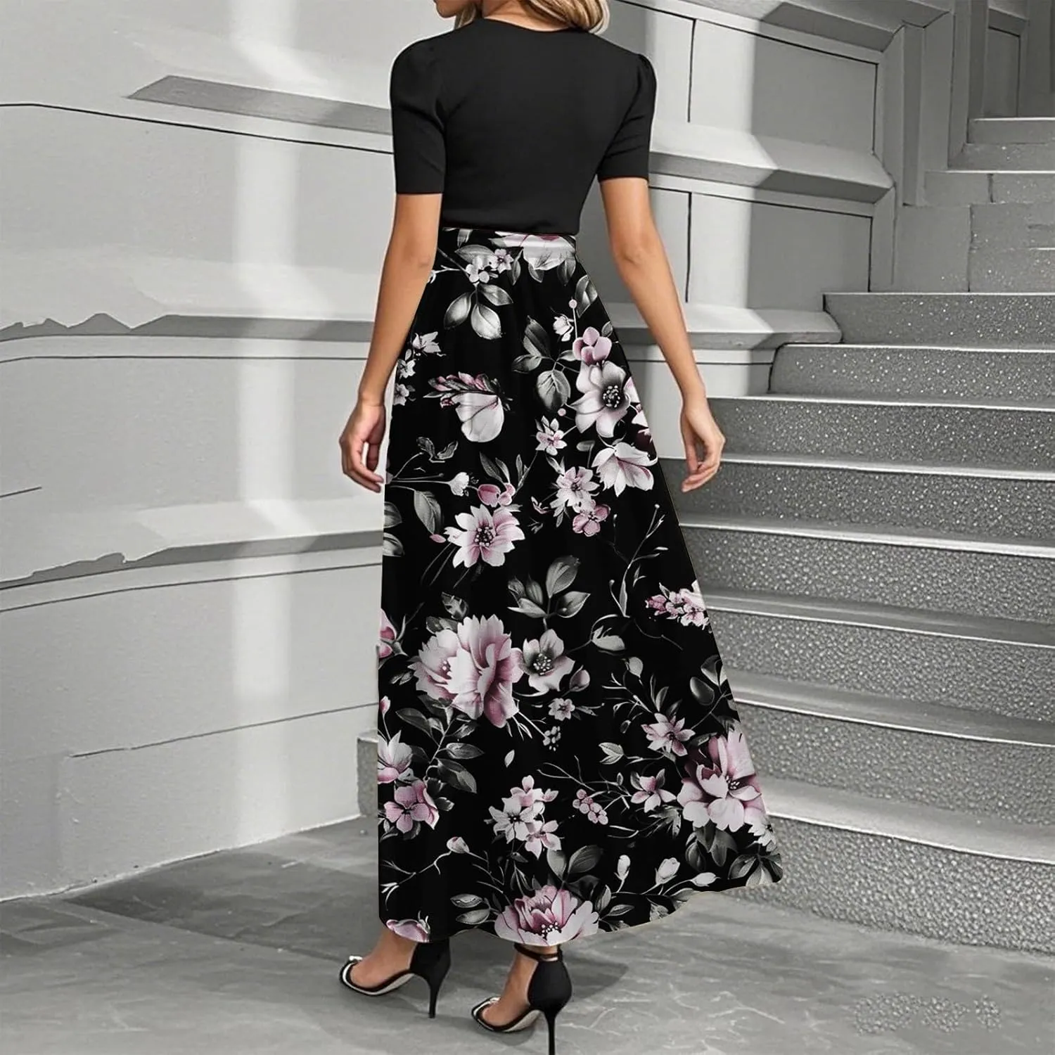 Summer Short Sleeve A-line Round Neck Beach Sundress for Women 2025 Business Boho Floral Printed Dress