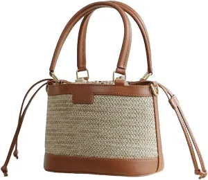 Summer Women's Splicing Hand-woven Straw Bag Drawstring Bucket Bag Shoulder Crossbody Bag Versatile Handbag Chic Casual