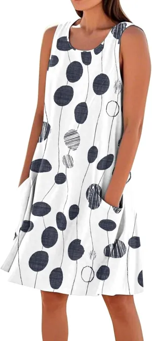 Sun Dresses for Women 2025 Round Neck Sleeveless Dresses Printed Loose Casual High Waisted Flowy Dress with Pocket
