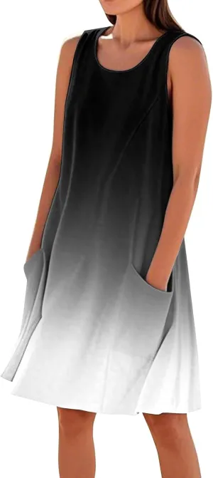 Sun Dresses for Women 2025 Round Neck Sleeveless Dresses Printed Loose Casual High Waisted Flowy Dress with Pocket