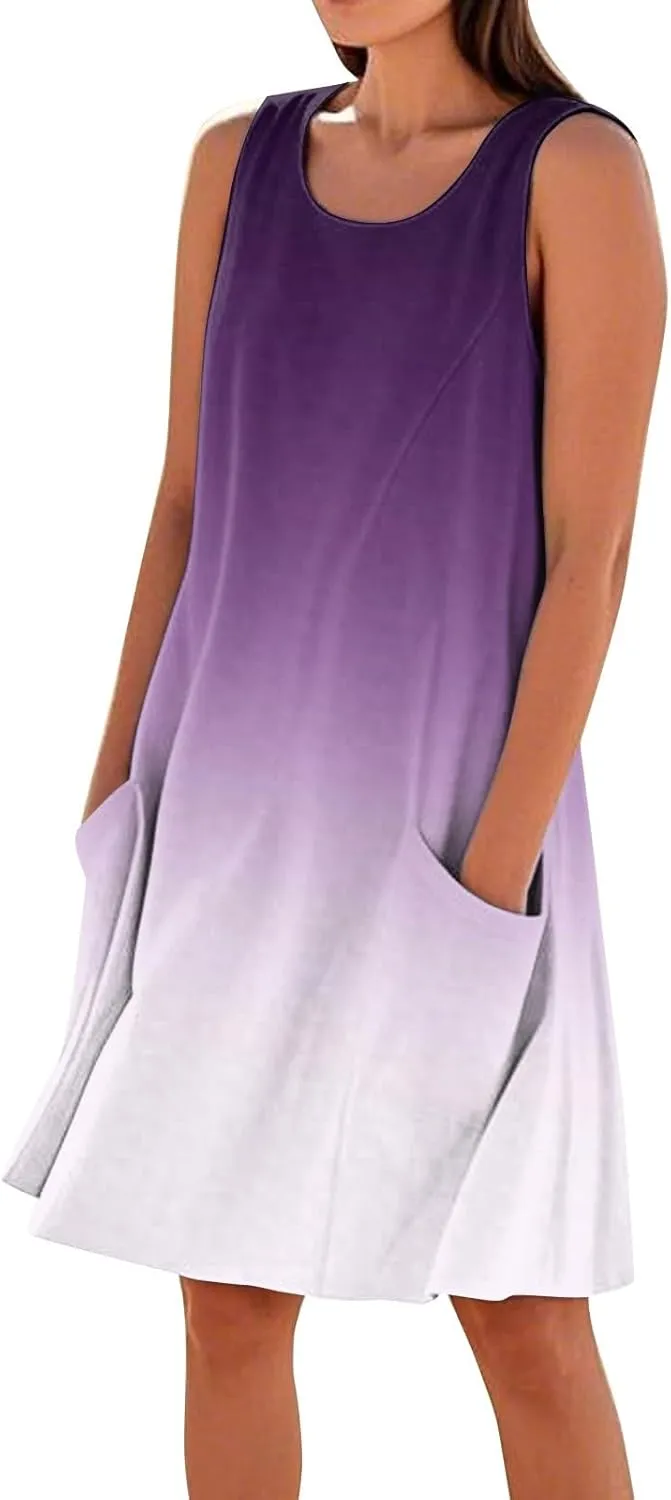 Sun Dresses for Women 2025 Round Neck Sleeveless Dresses Printed Loose Casual High Waisted Flowy Dress with Pocket
