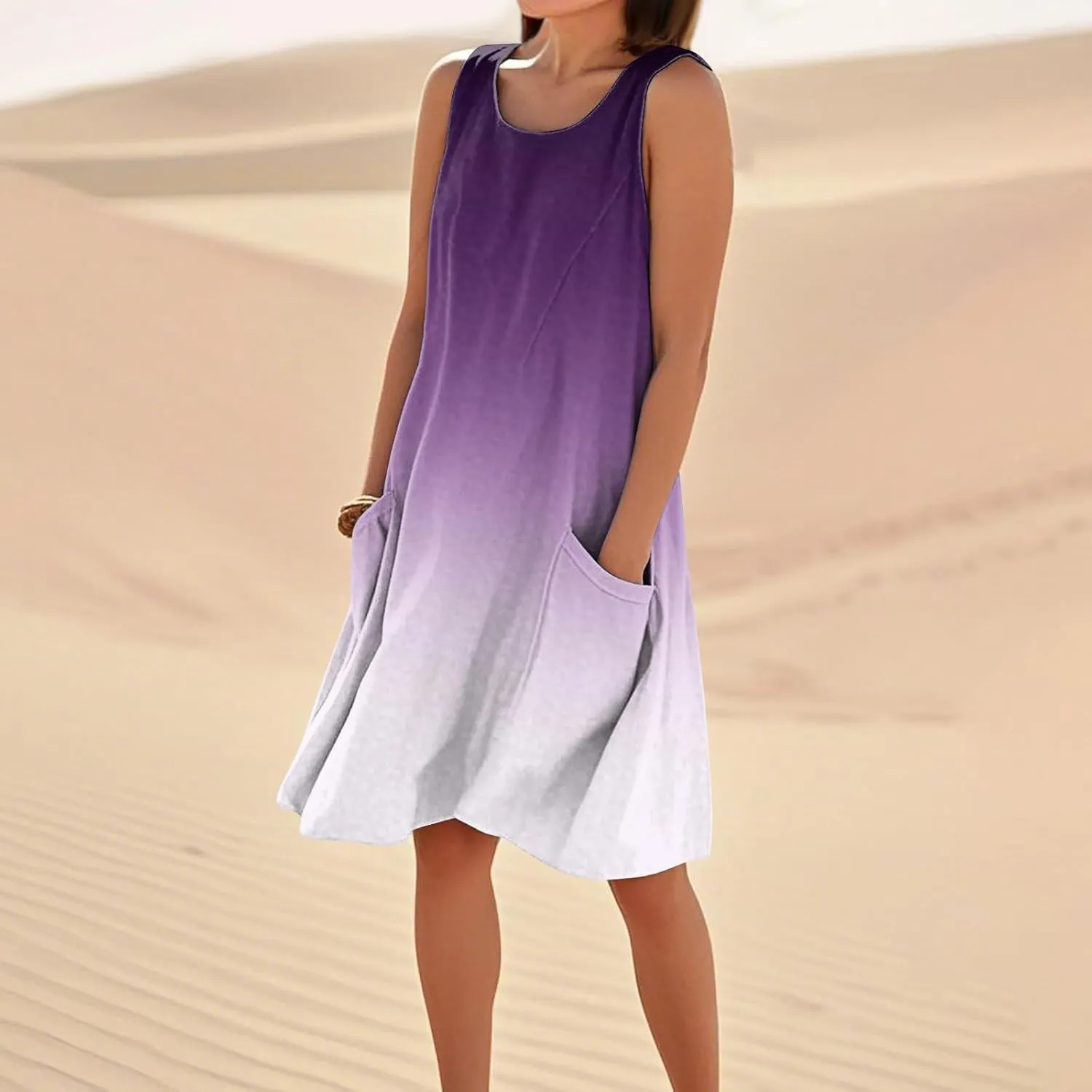 Sun Dresses for Women 2025 Round Neck Sleeveless Dresses Printed Loose Casual High Waisted Flowy Dress with Pocket