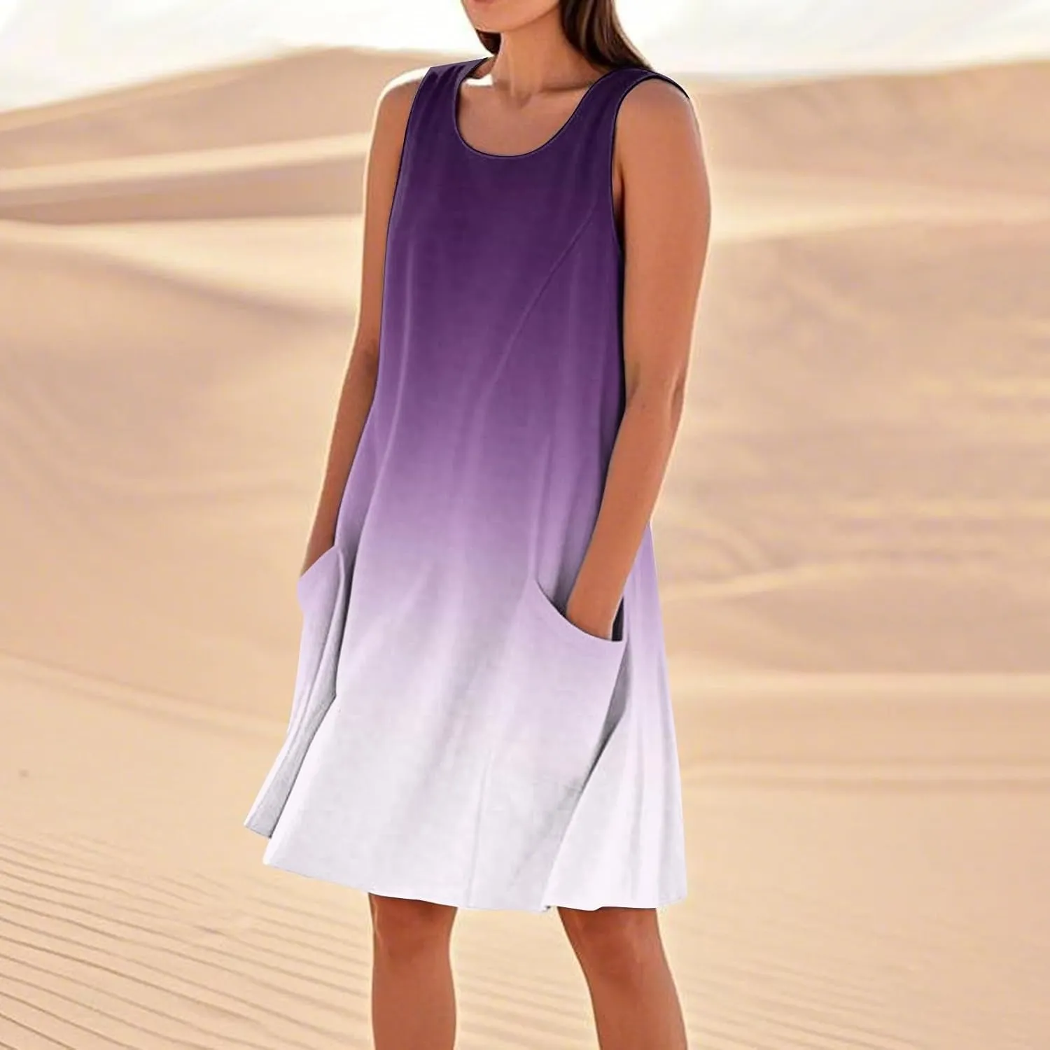 Sun Dresses for Women 2025 Round Neck Sleeveless Dresses Printed Loose Casual High Waisted Flowy Dress with Pocket