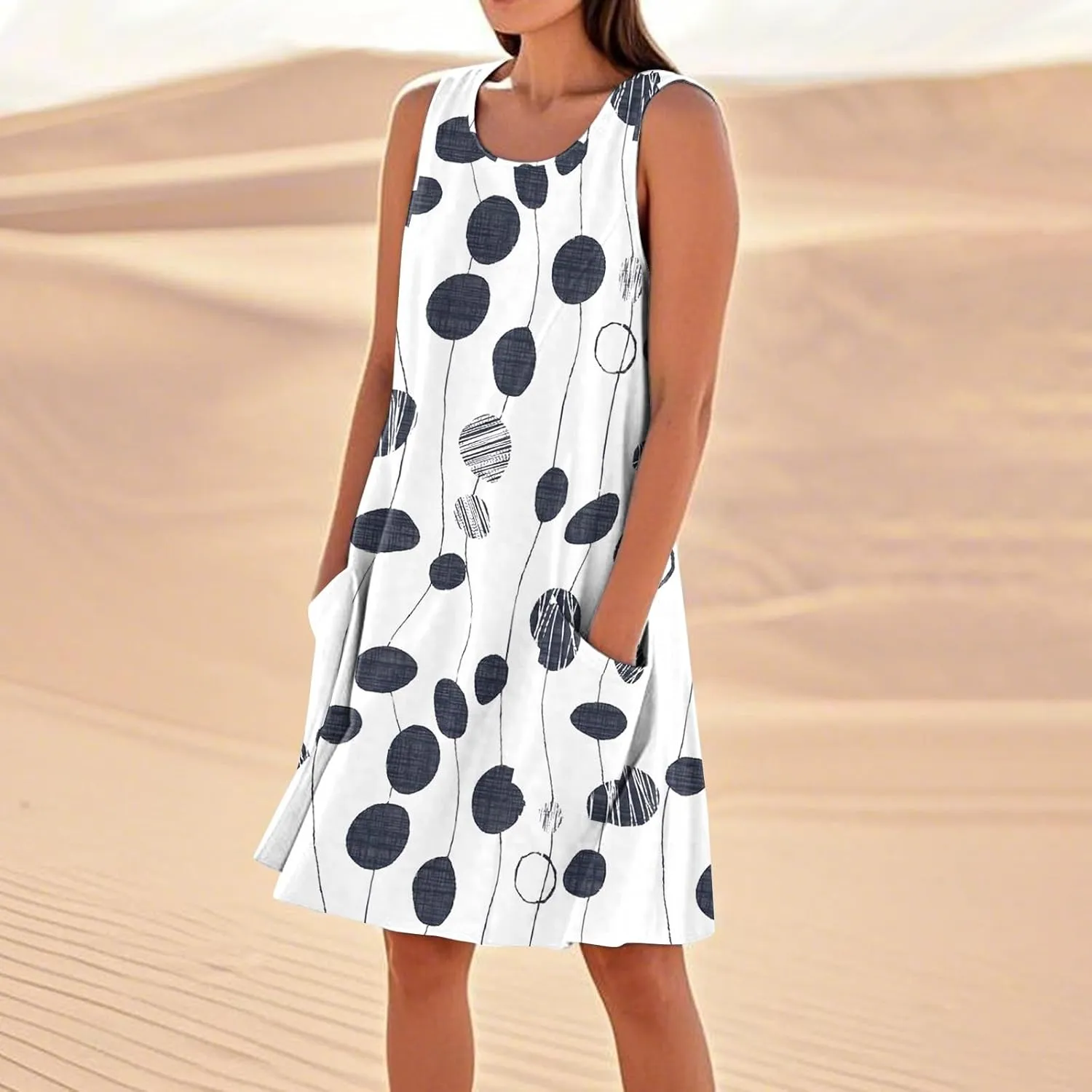 Sun Dresses for Women 2025 Round Neck Sleeveless Dresses Printed Loose Casual High Waisted Flowy Dress with Pocket