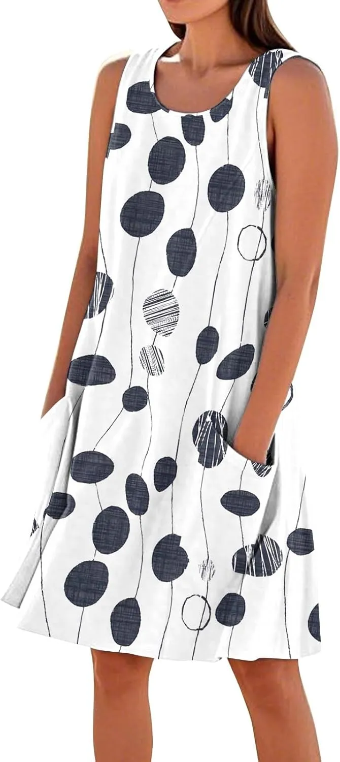 Sun Dresses for Women 2025 Round Neck Sleeveless Dresses Printed Loose Casual High Waisted Flowy Dress with Pocket