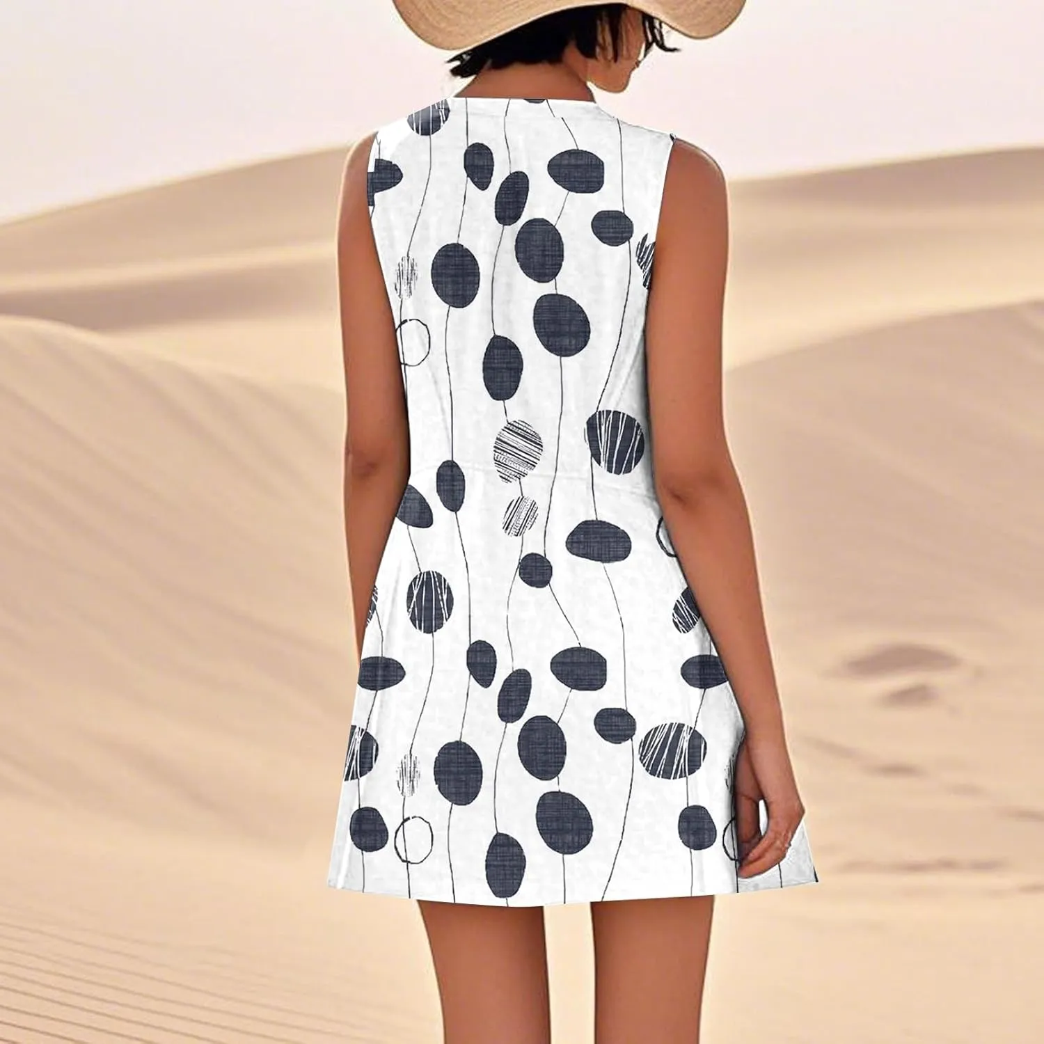 Sun Dresses for Women 2025 Round Neck Sleeveless Dresses Printed Loose Casual High Waisted Flowy Dress with Pocket