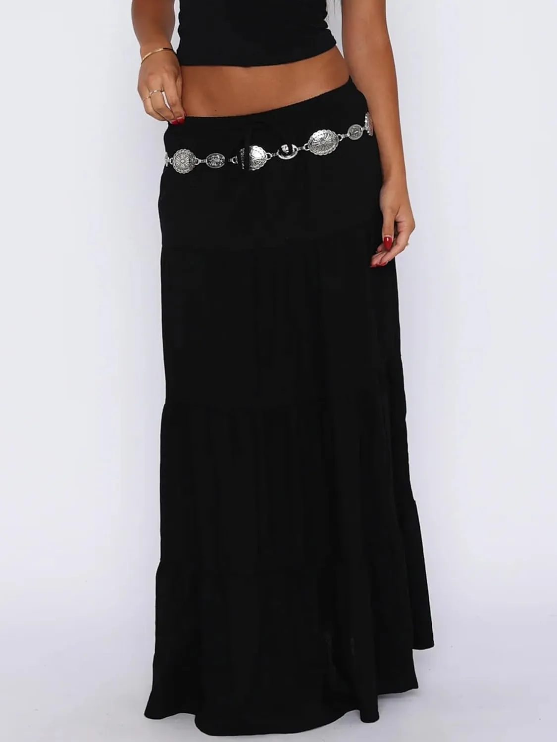 Sunloudy Women Elastic High Waist Flowy Long Skirt Boho Pleated A-Line Swing Tiered Maxi Skirt Sweetwear