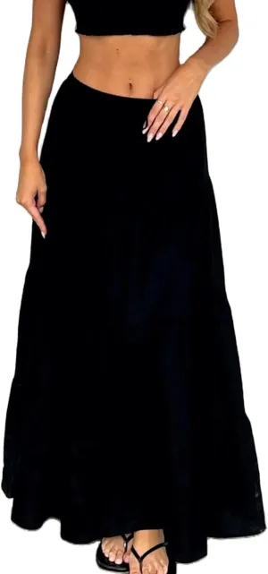 Sunloudy Women Elastic High Waist Flowy Long Skirt Boho Pleated A-Line Swing Tiered Maxi Skirt Sweetwear