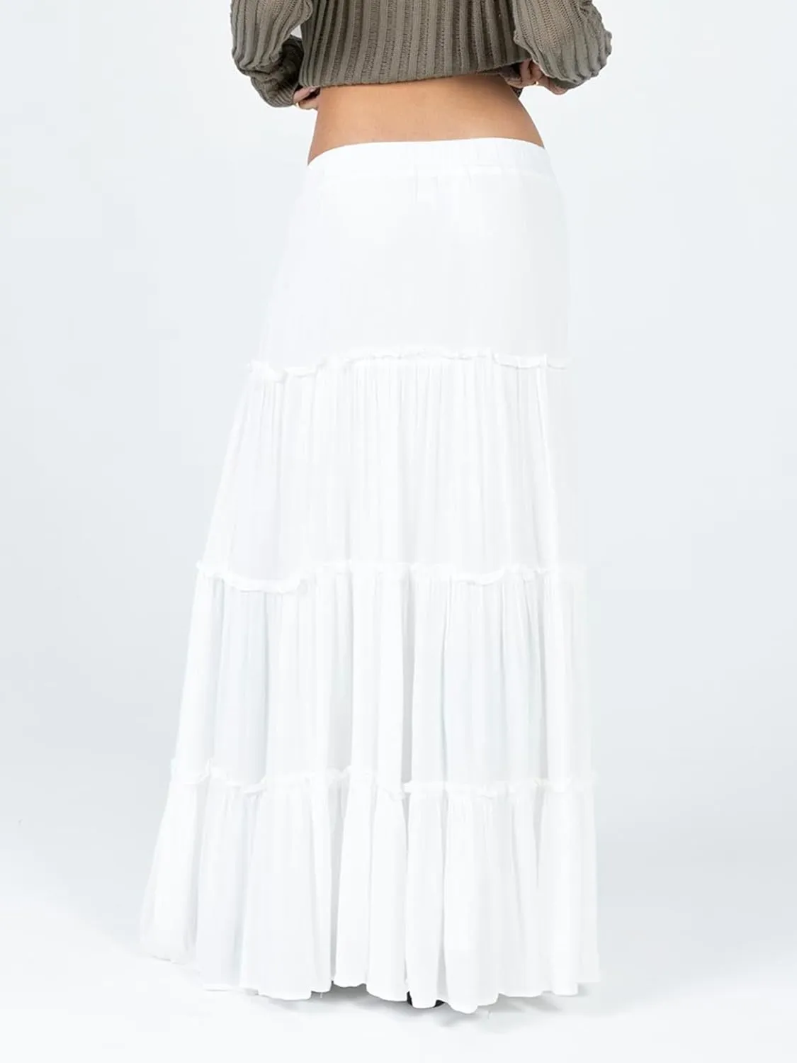 Sunloudy Women Elastic High Waist Flowy Long Skirt Boho Pleated A-Line Swing Tiered Maxi Skirt Sweetwear