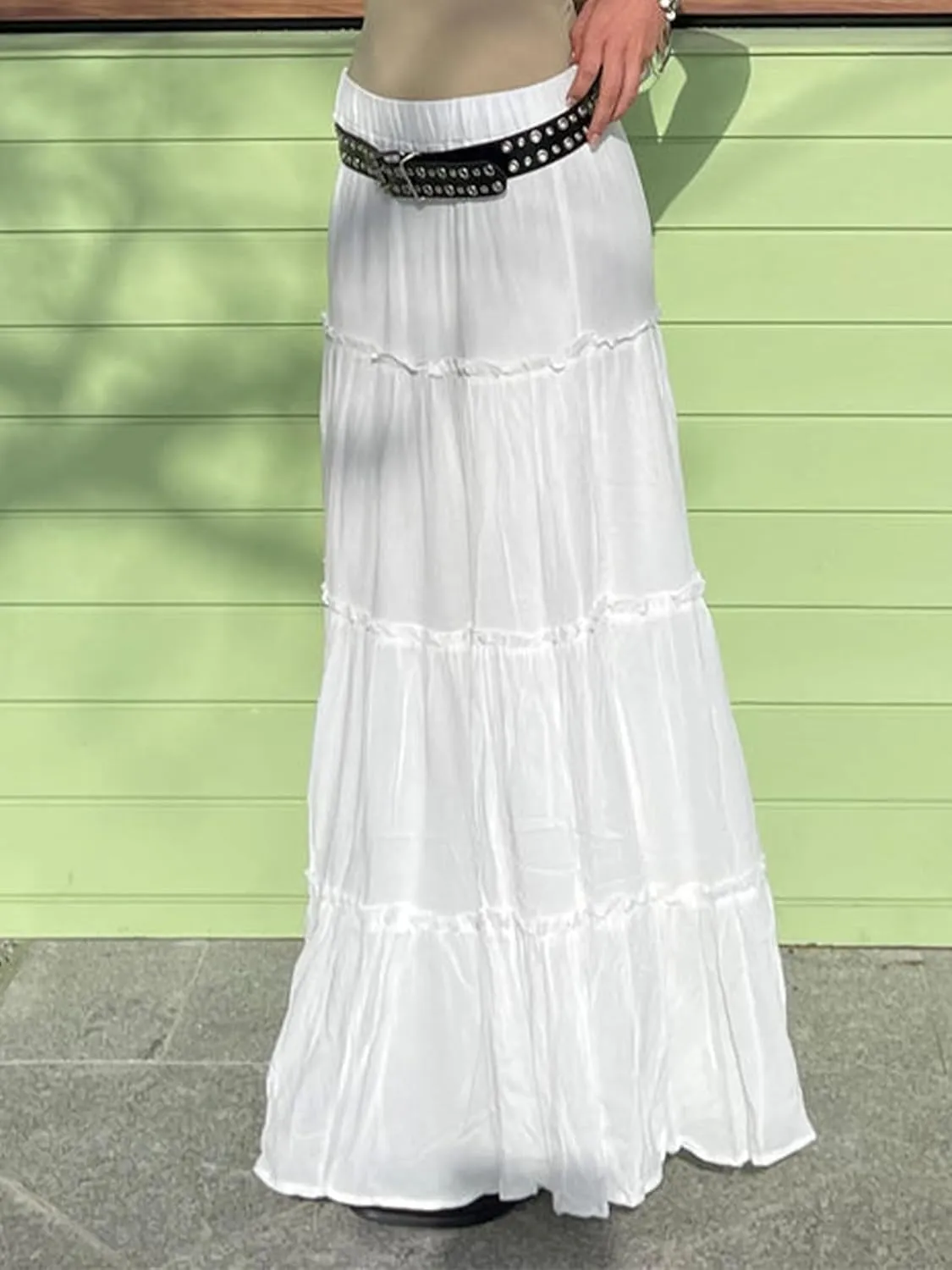 Sunloudy Women Elastic High Waist Flowy Long Skirt Boho Pleated A-Line Swing Tiered Maxi Skirt Sweetwear
