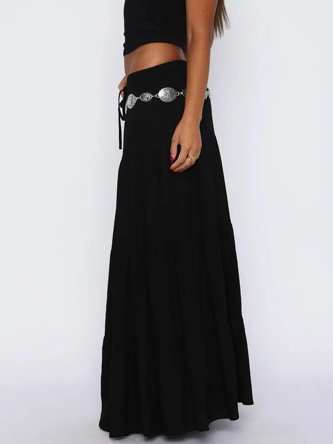 Sunloudy Women Elastic High Waist Flowy Long Skirt Boho Pleated A-Line Swing Tiered Maxi Skirt Sweetwear