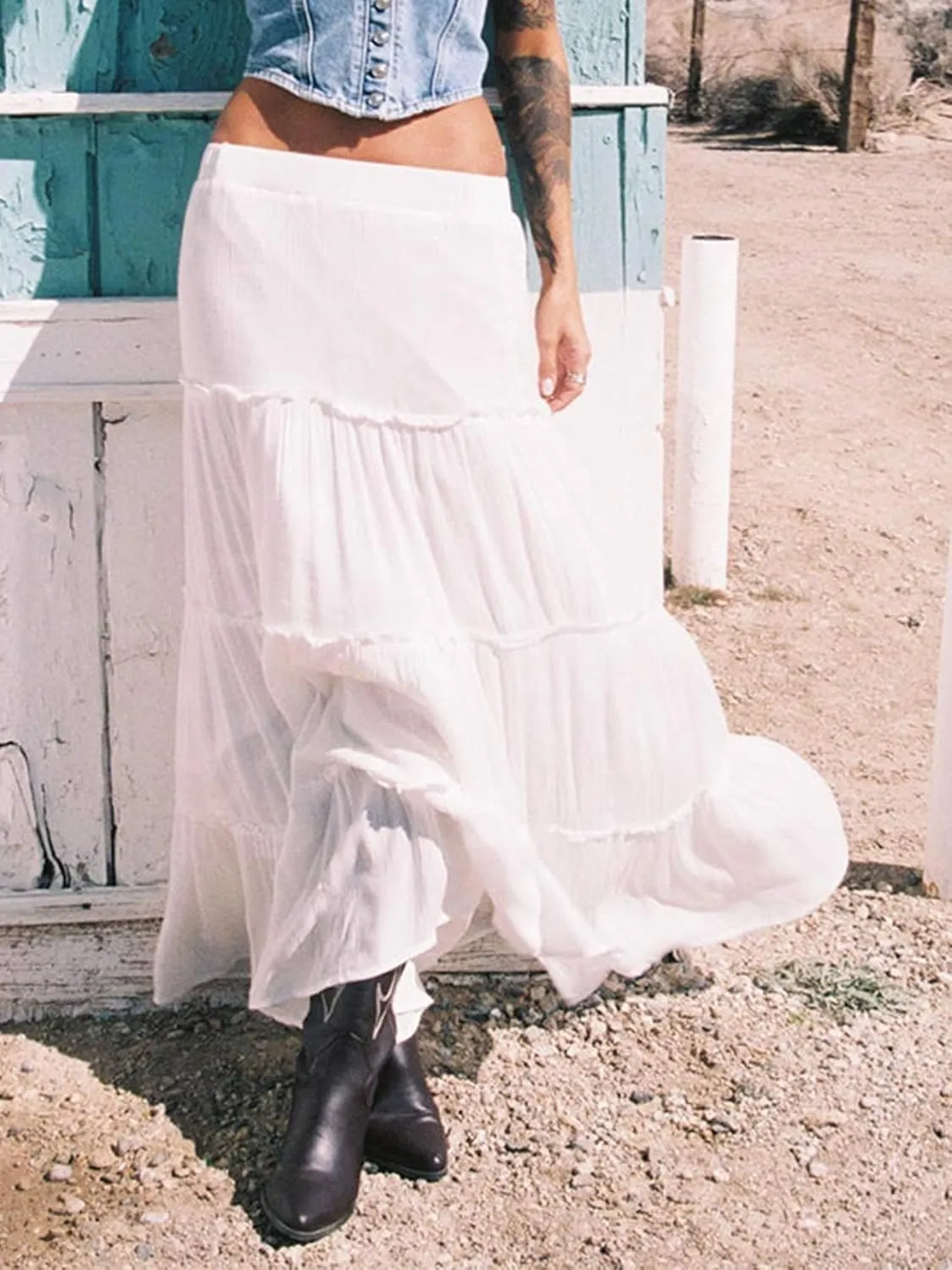 Sunloudy Women Elastic High Waist Flowy Long Skirt Boho Pleated A-Line Swing Tiered Maxi Skirt Sweetwear