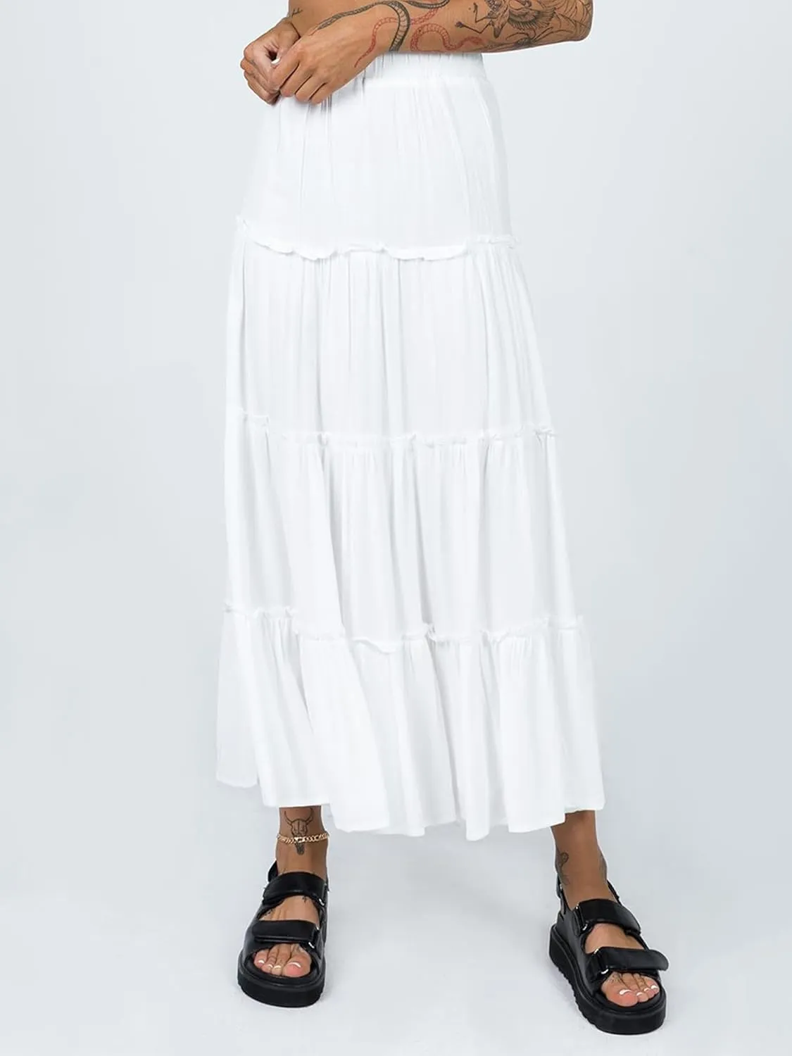 Sunloudy Women Elastic High Waist Flowy Long Skirt Boho Pleated A-Line Swing Tiered Maxi Skirt Sweetwear