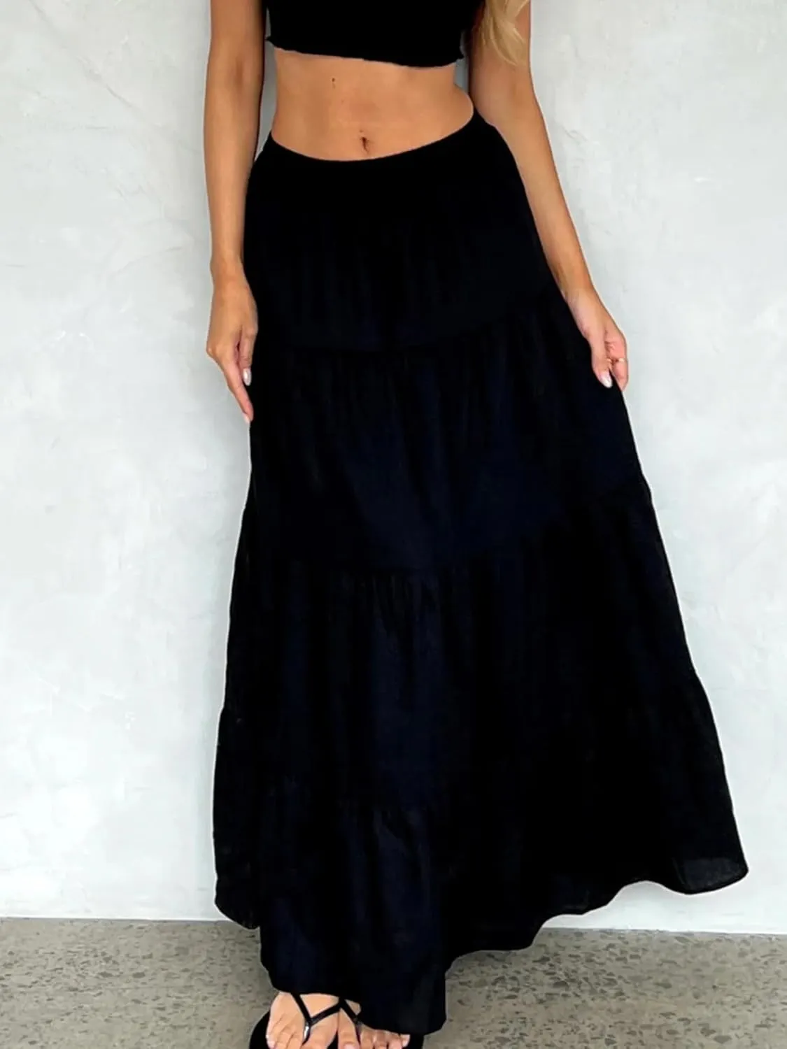 Sunloudy Women Elastic High Waist Flowy Long Skirt Boho Pleated A-Line Swing Tiered Maxi Skirt Sweetwear