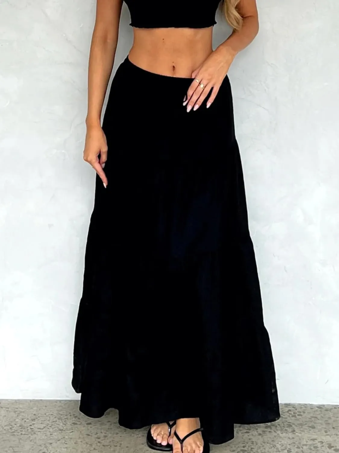 Sunloudy Women Elastic High Waist Flowy Long Skirt Boho Pleated A-Line Swing Tiered Maxi Skirt Sweetwear