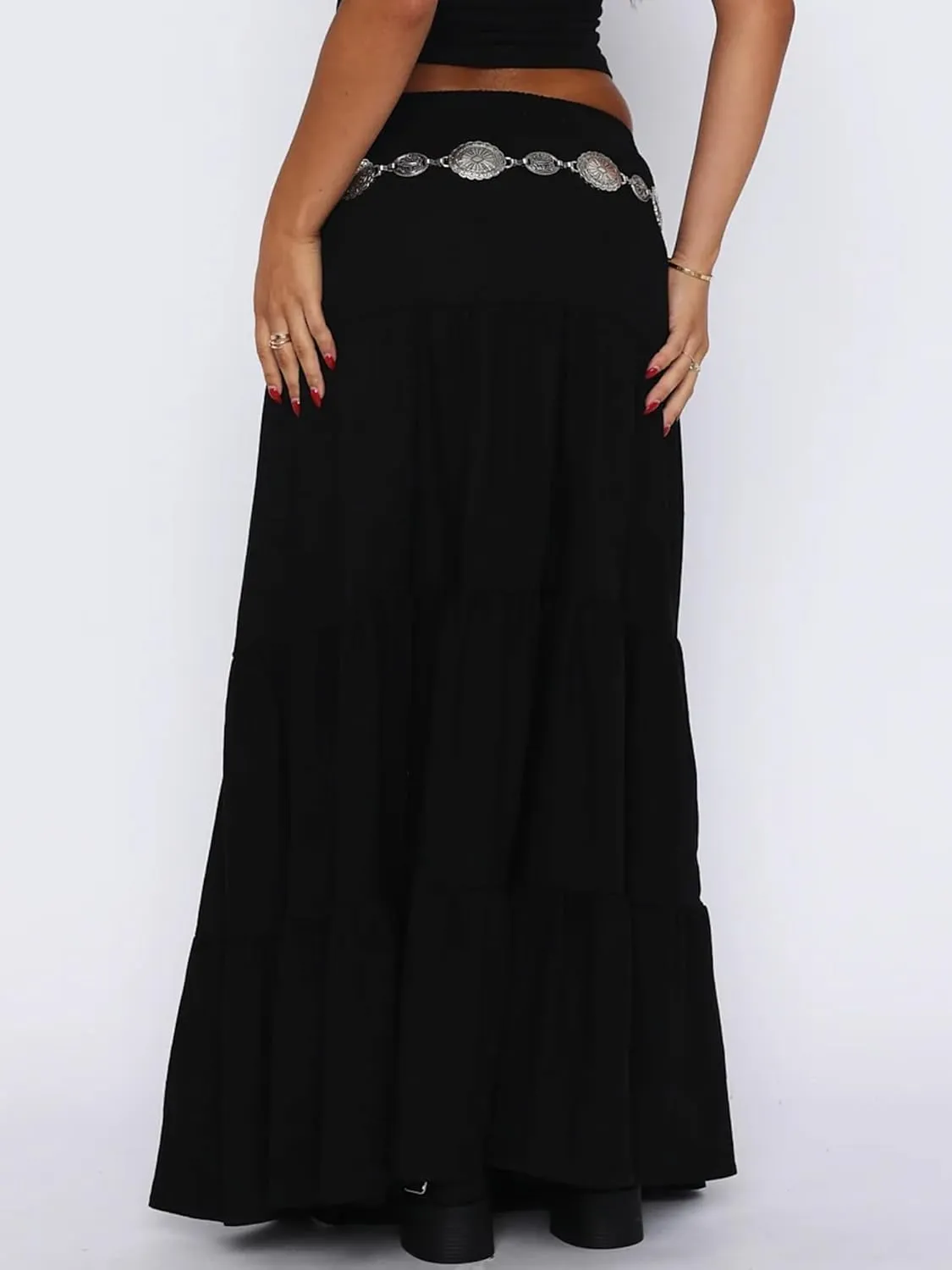 Sunloudy Women Elastic High Waist Flowy Long Skirt Boho Pleated A-Line Swing Tiered Maxi Skirt Sweetwear