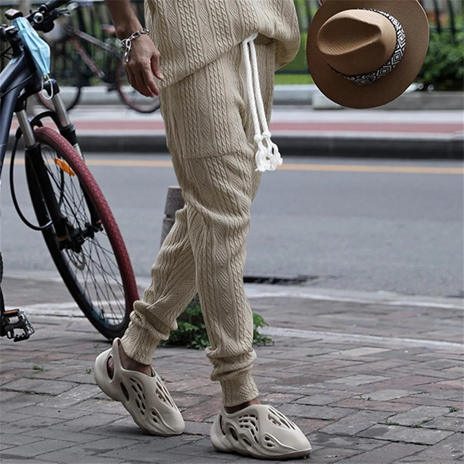 Sweatpants for Men Knited Drawstring Casual Trendy Lightweight Slim Fit Pants Outdoor Workout Running Trousers Pockets